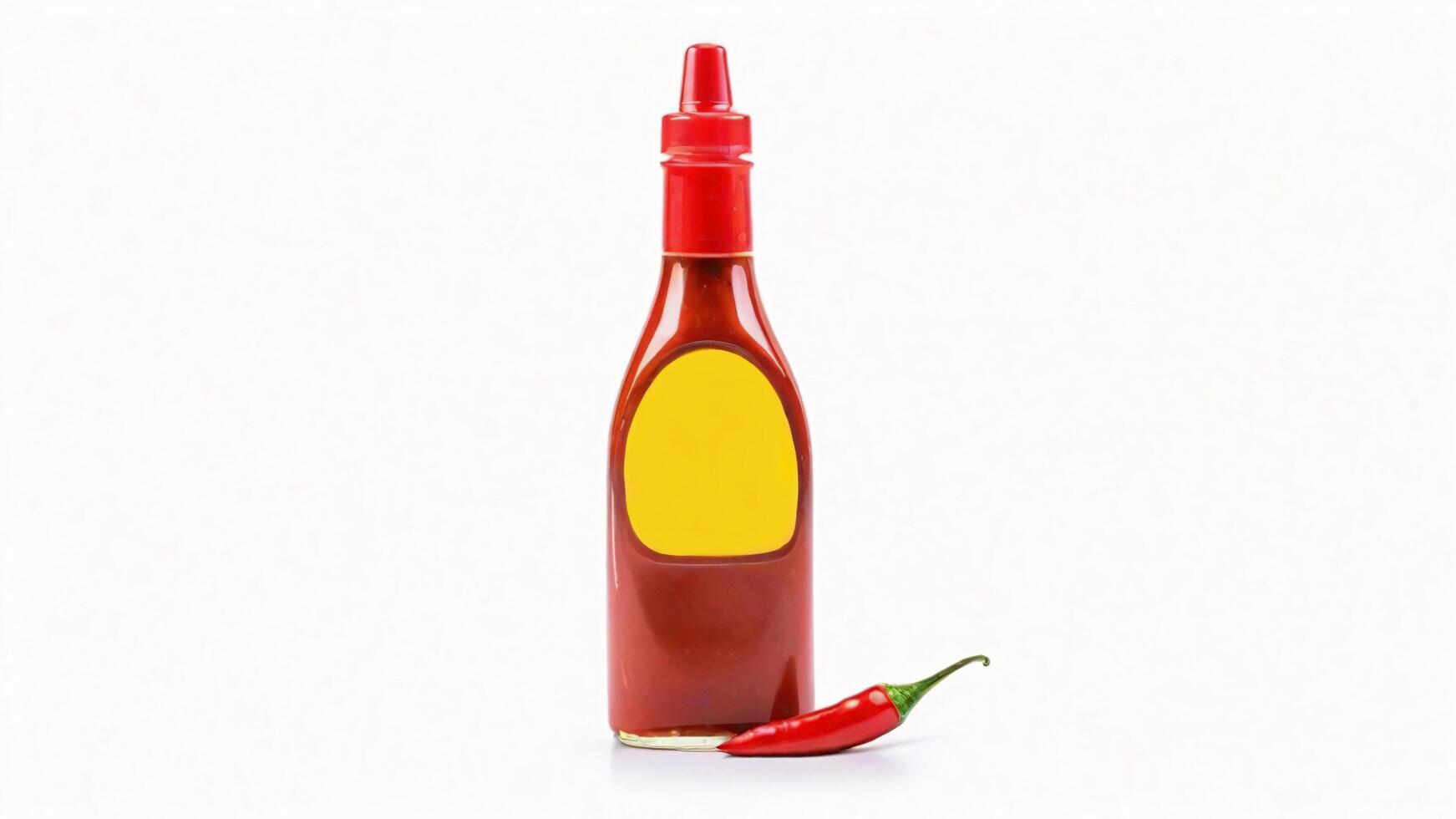 Red chili sauce bottle with a blank yellow label and a red chili pepper. photo
