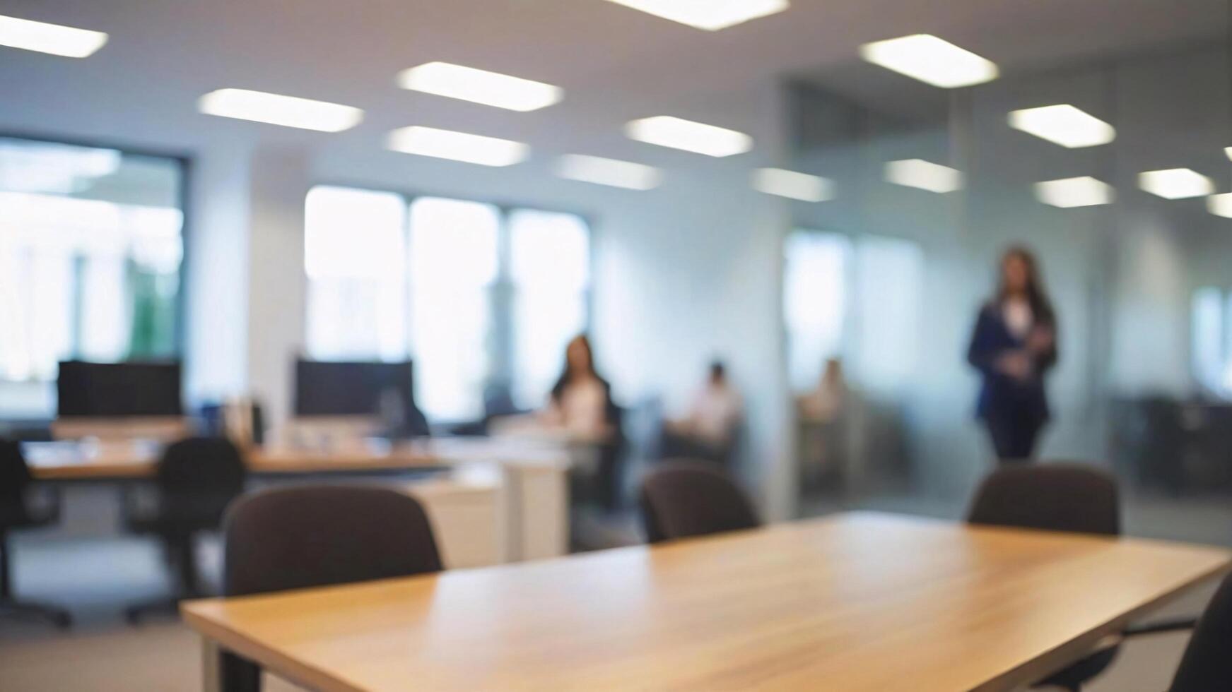 Blurred office interior with a focus on an empty wooden table. photo