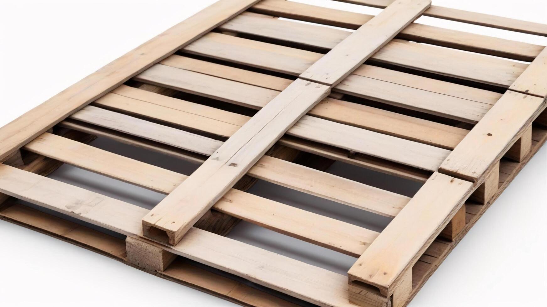 A close-up of a wooden pallet with natural wood grain isolated on a white background. photo