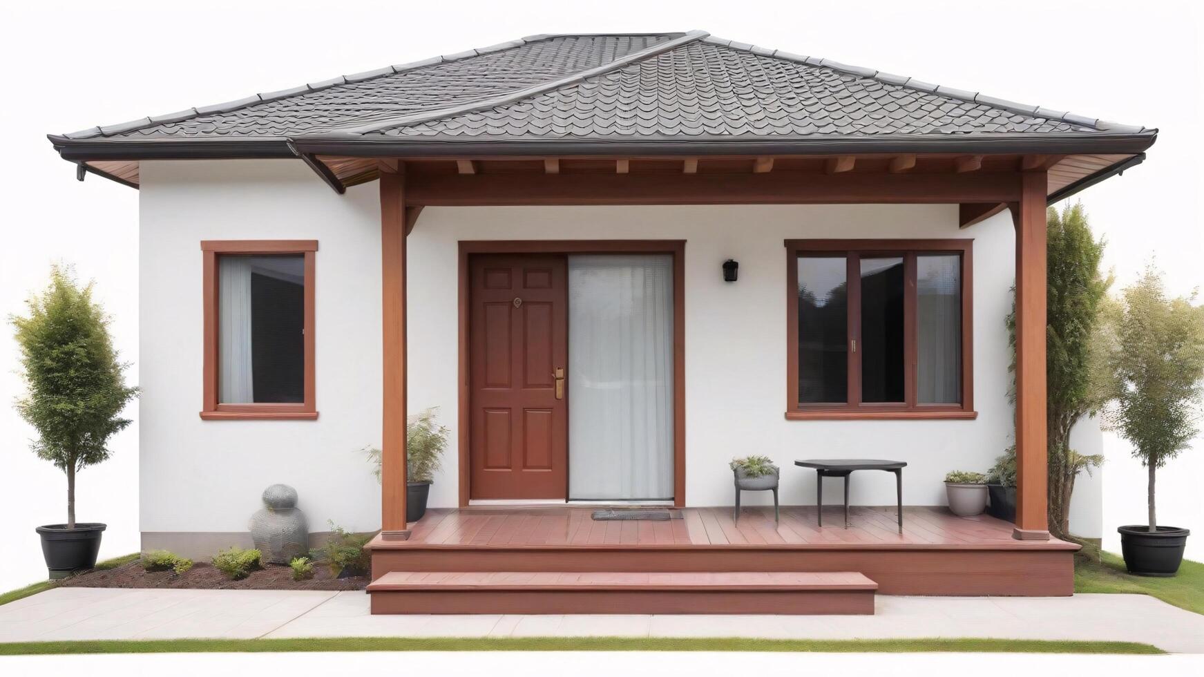 Small house with wooden porch and steps, isolated. photo