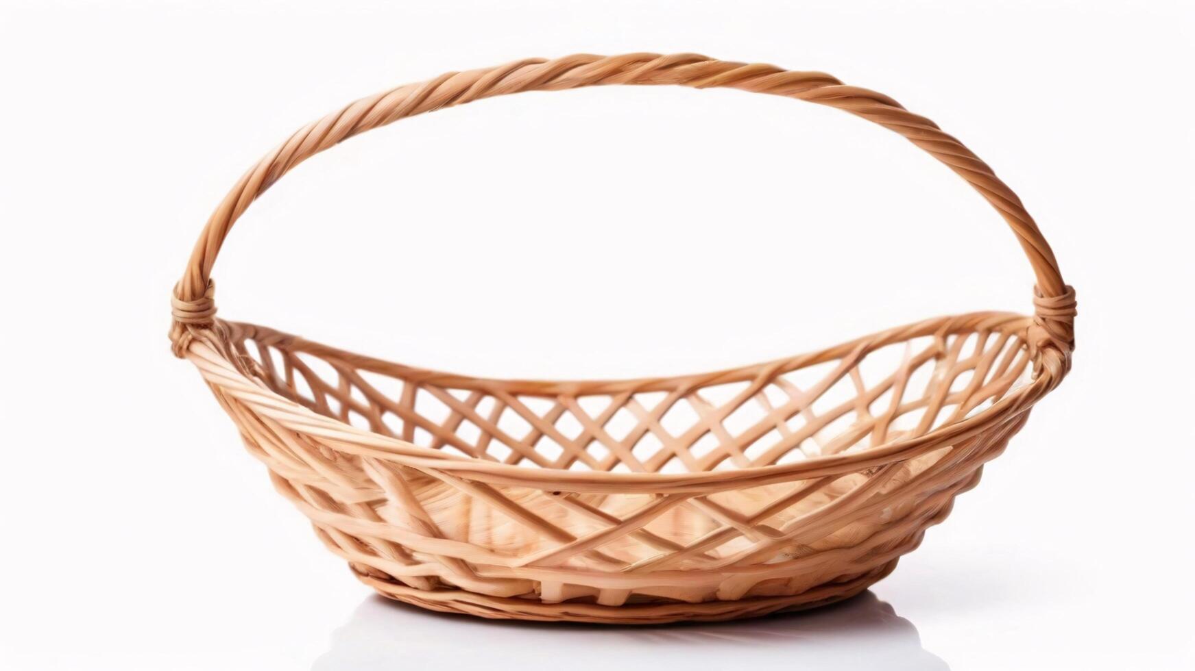 Empty wicker basket with a woven handle isolated on white background. photo