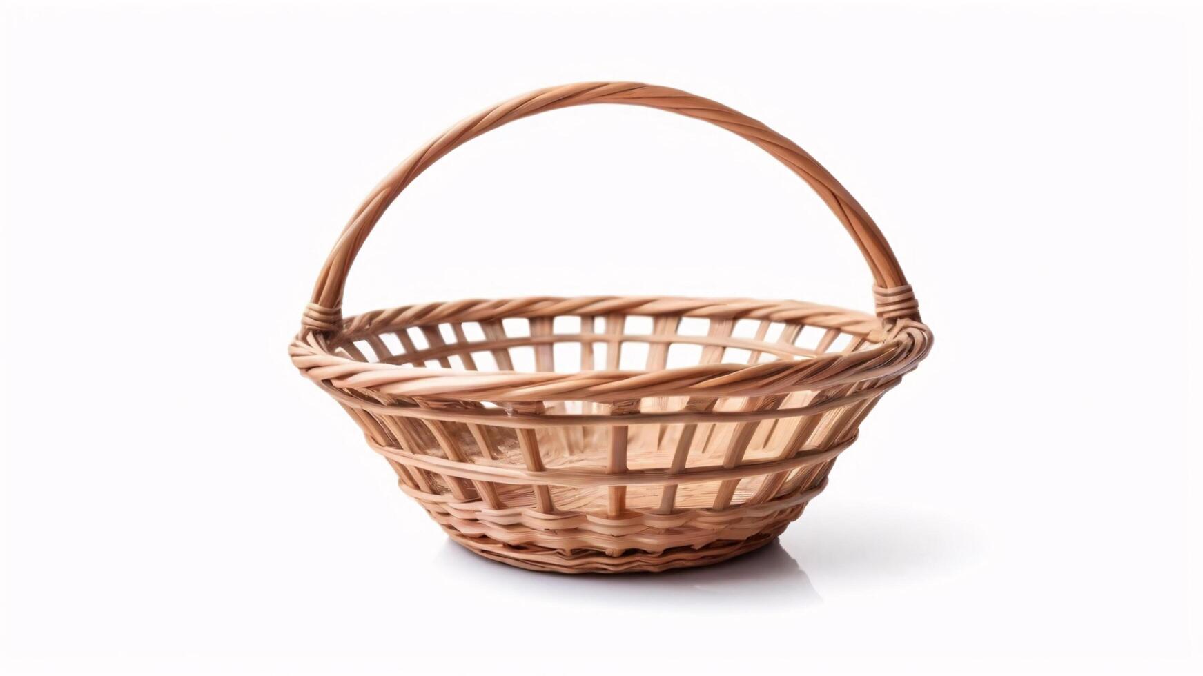 Empty wicker basket with handle, isolated on white background. photo