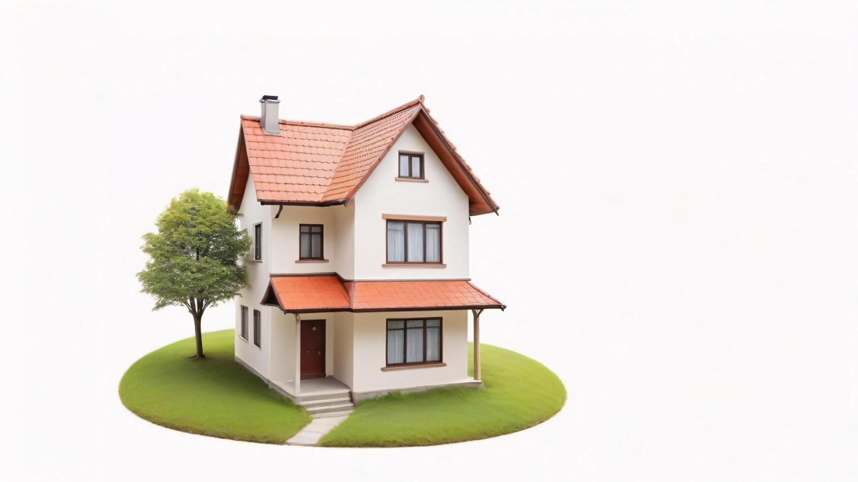 A white suburban house with brown roof and a small tree, isolated on white background. photo