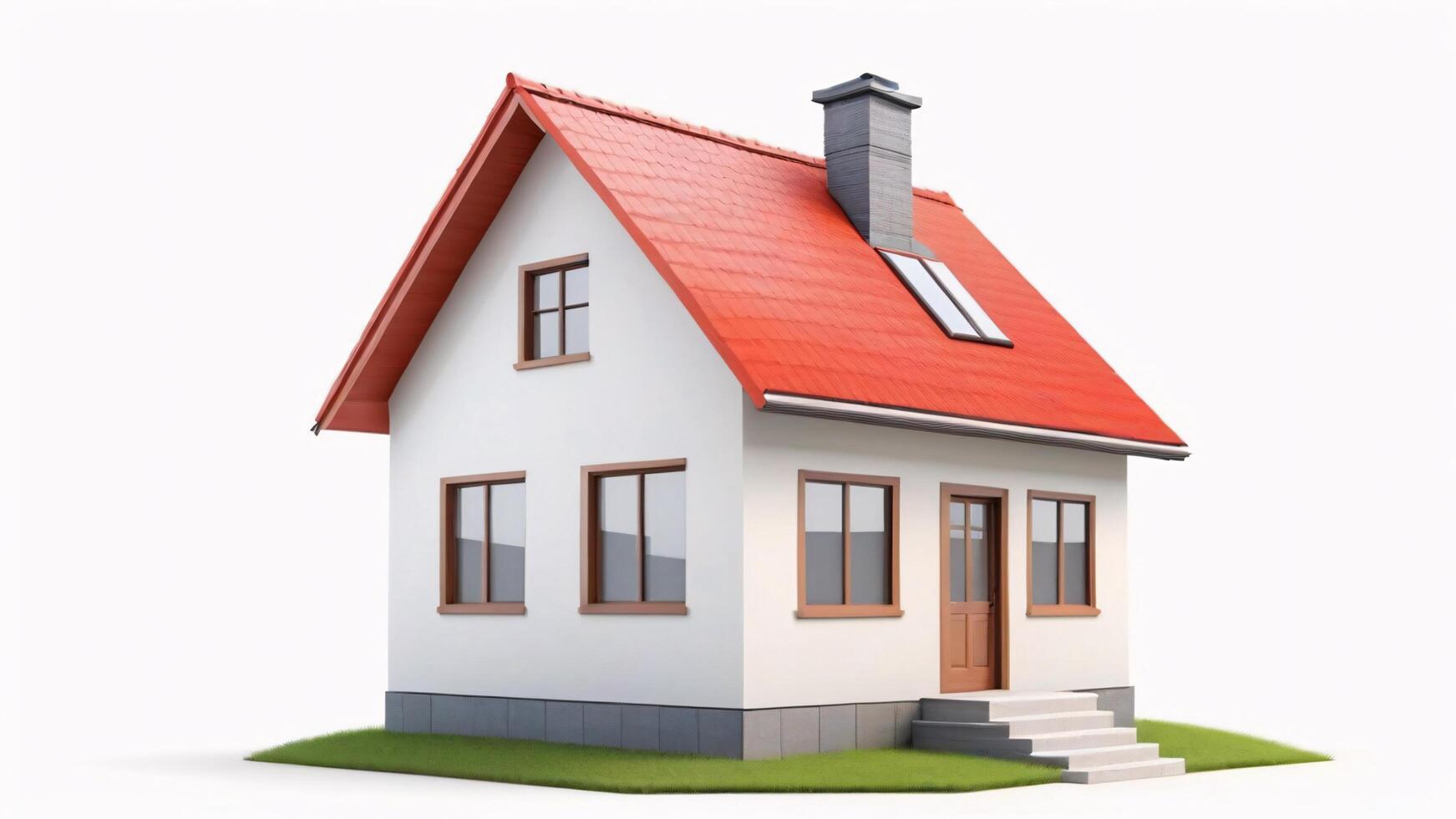 A white house with a red roof, brown windows and door, and a grey chimney. photo