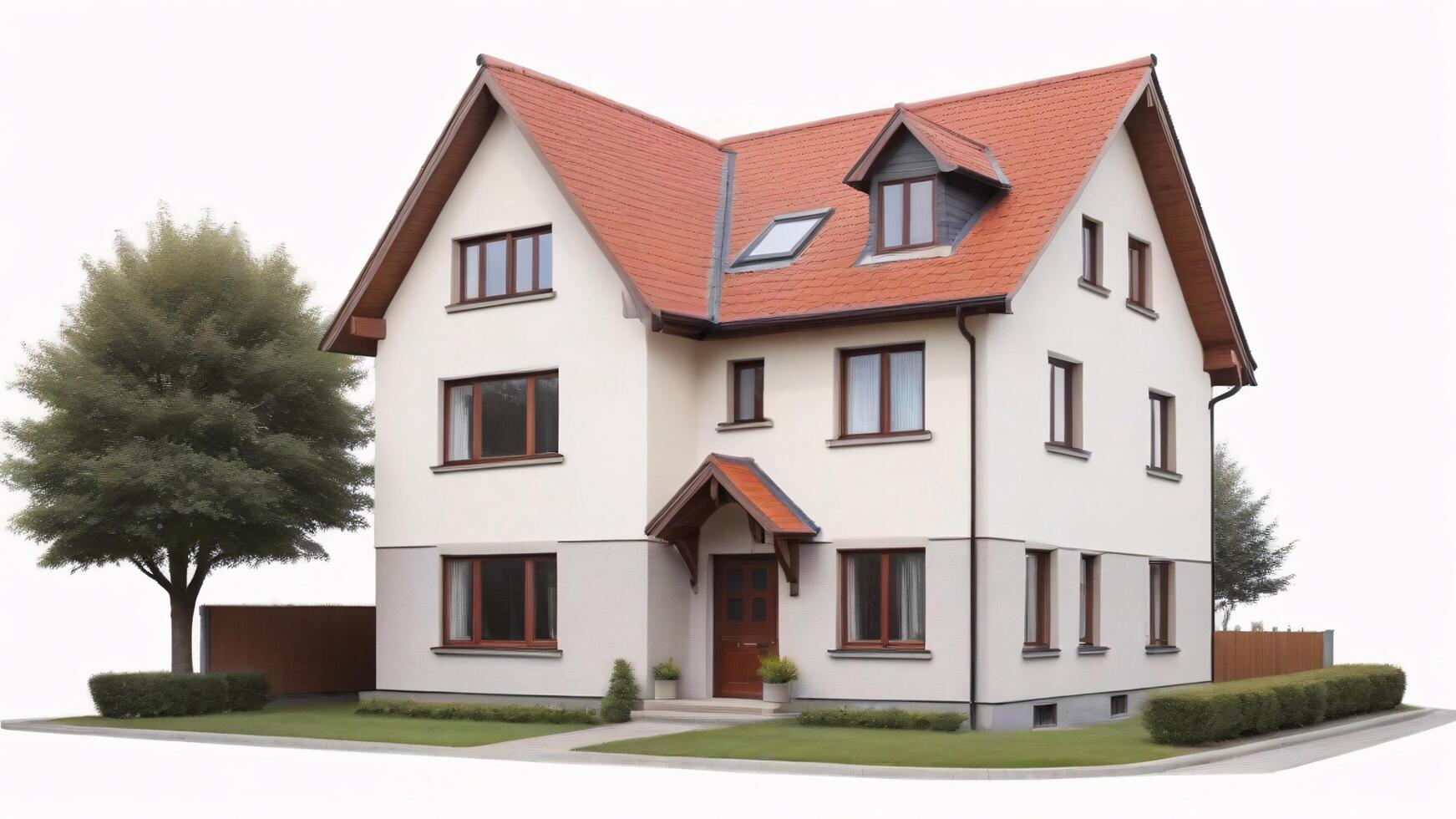 Modern two-story house with red roof and large windows. photo
