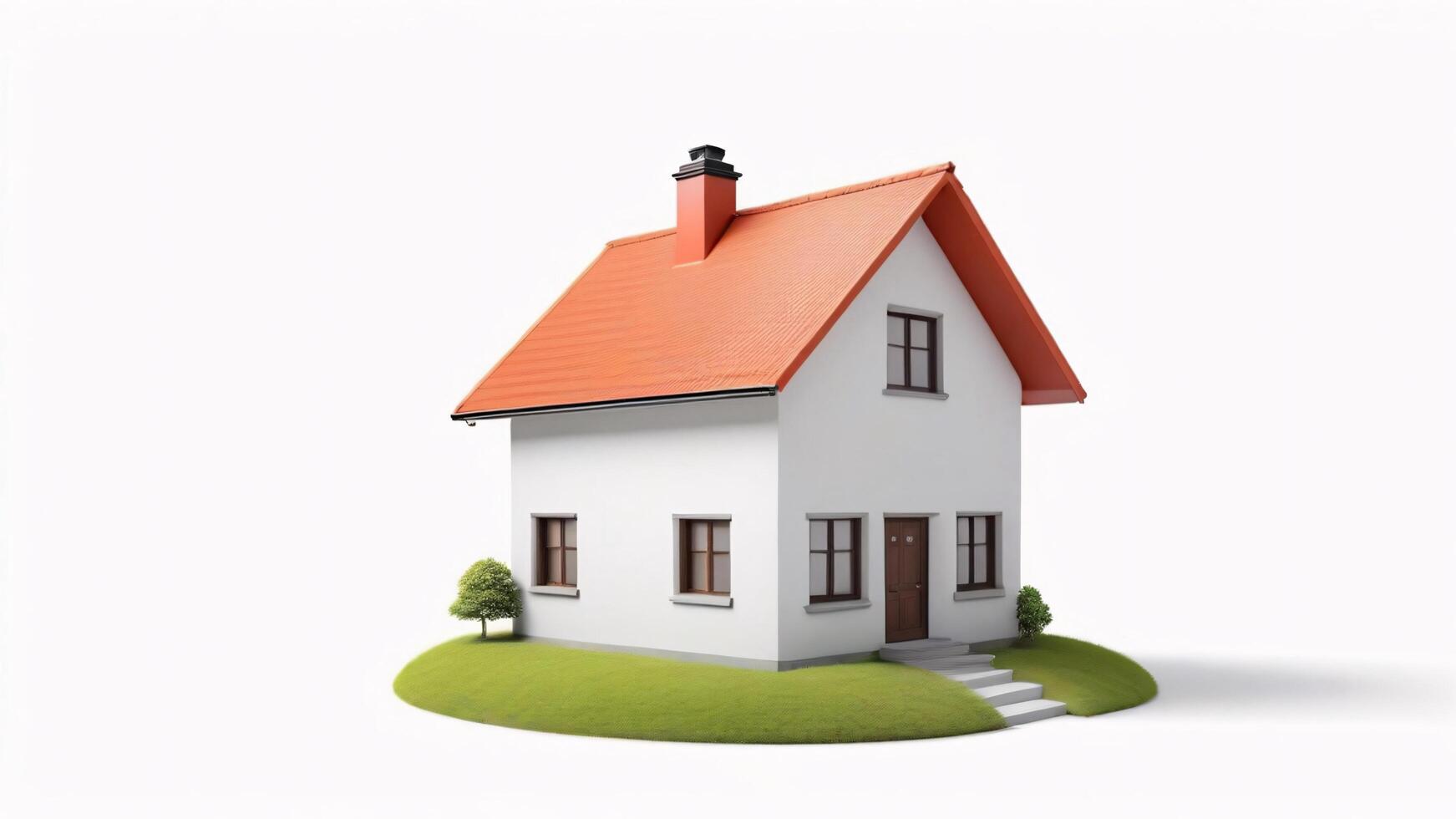 Small white house with orange roof on a green lawn isolated. photo