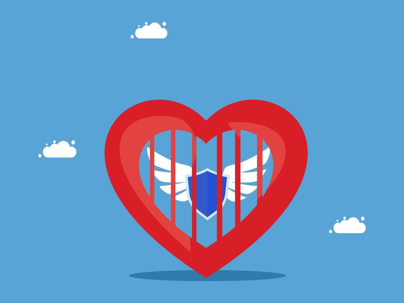 a heart with wings and a shield in the shape of a cage vector