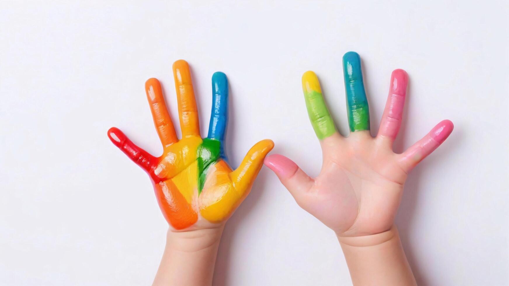 Two hands painted in bright colors, showing creativity and joy. photo