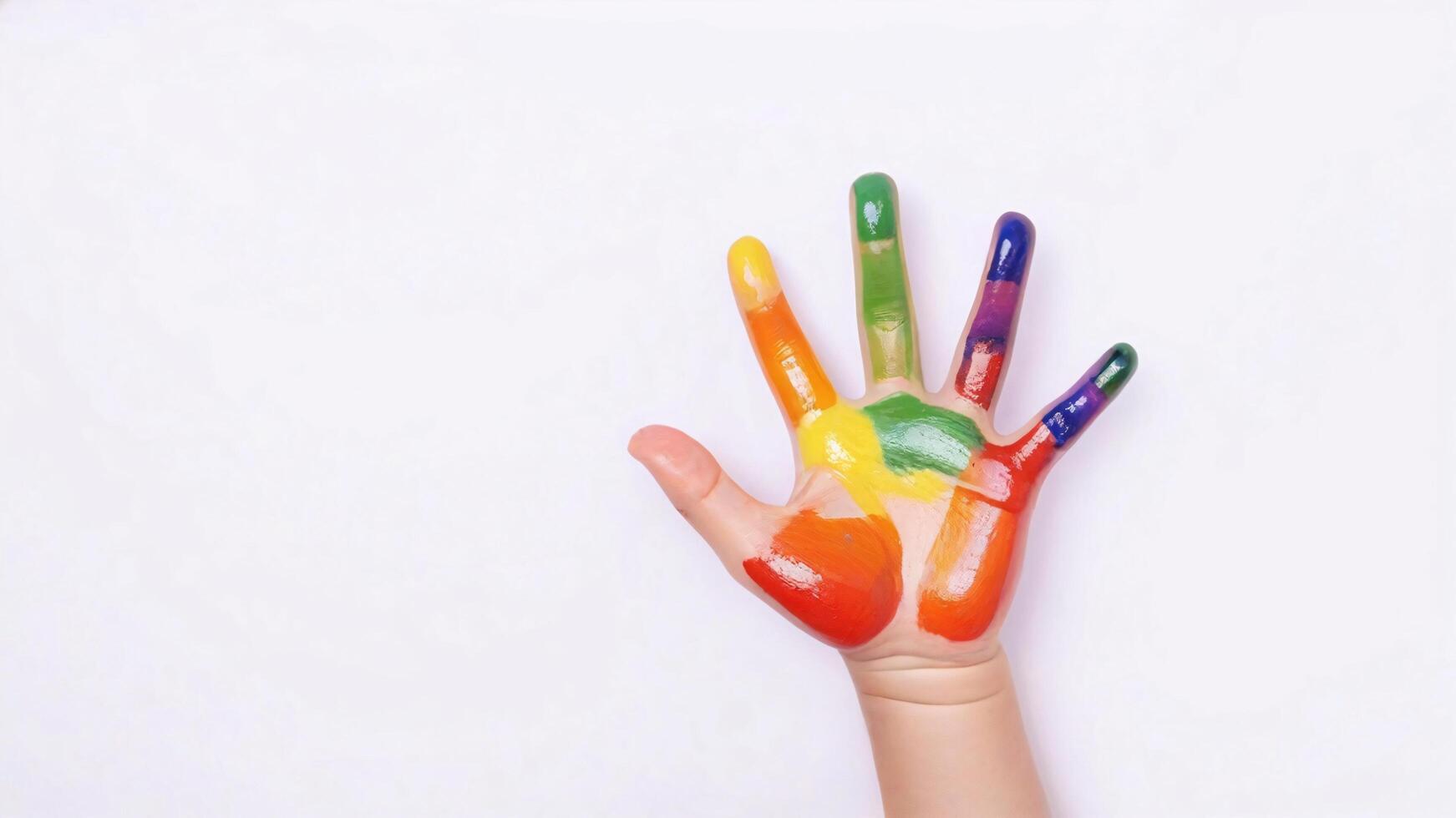 A child's hand painted in vibrant colors against a white background. photo