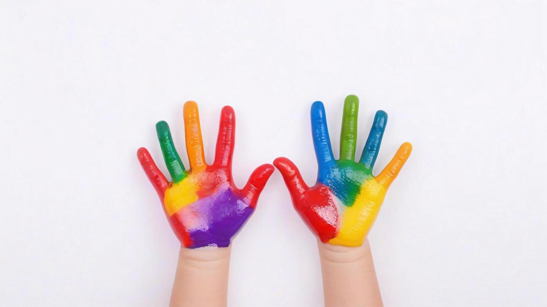 Two colorful handprints on white background. photo