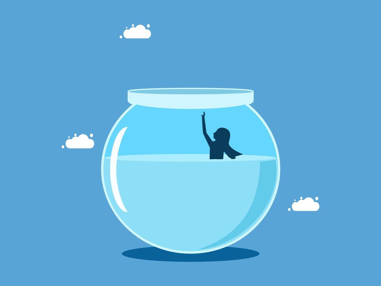 a woman is standing in a fish bowl with a fish in it vector