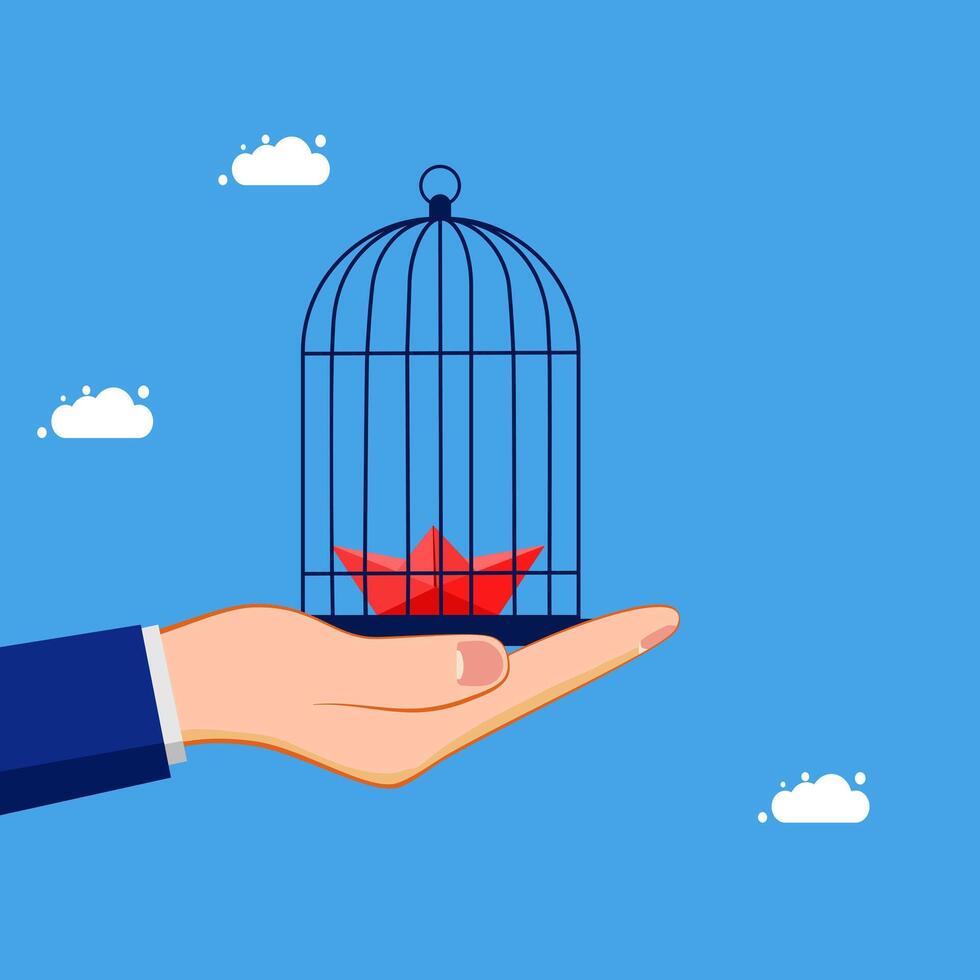 hand holding a birdcage with a red paper boat inside vector