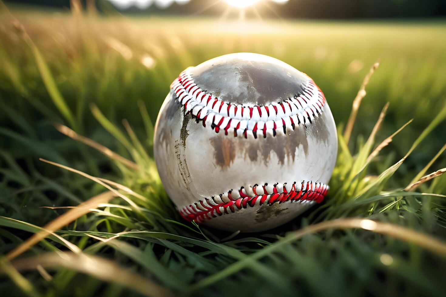 Worn baseball in tall grass with sunlight. photo
