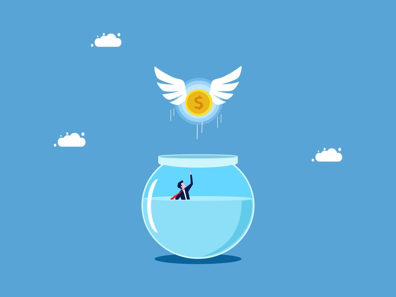 a fish bowl with a dollar sign and a man flying out of it vector