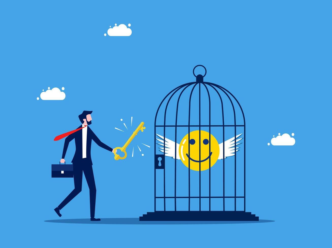 businessman with key to cage with smiley face and key to open it, concept of success vector
