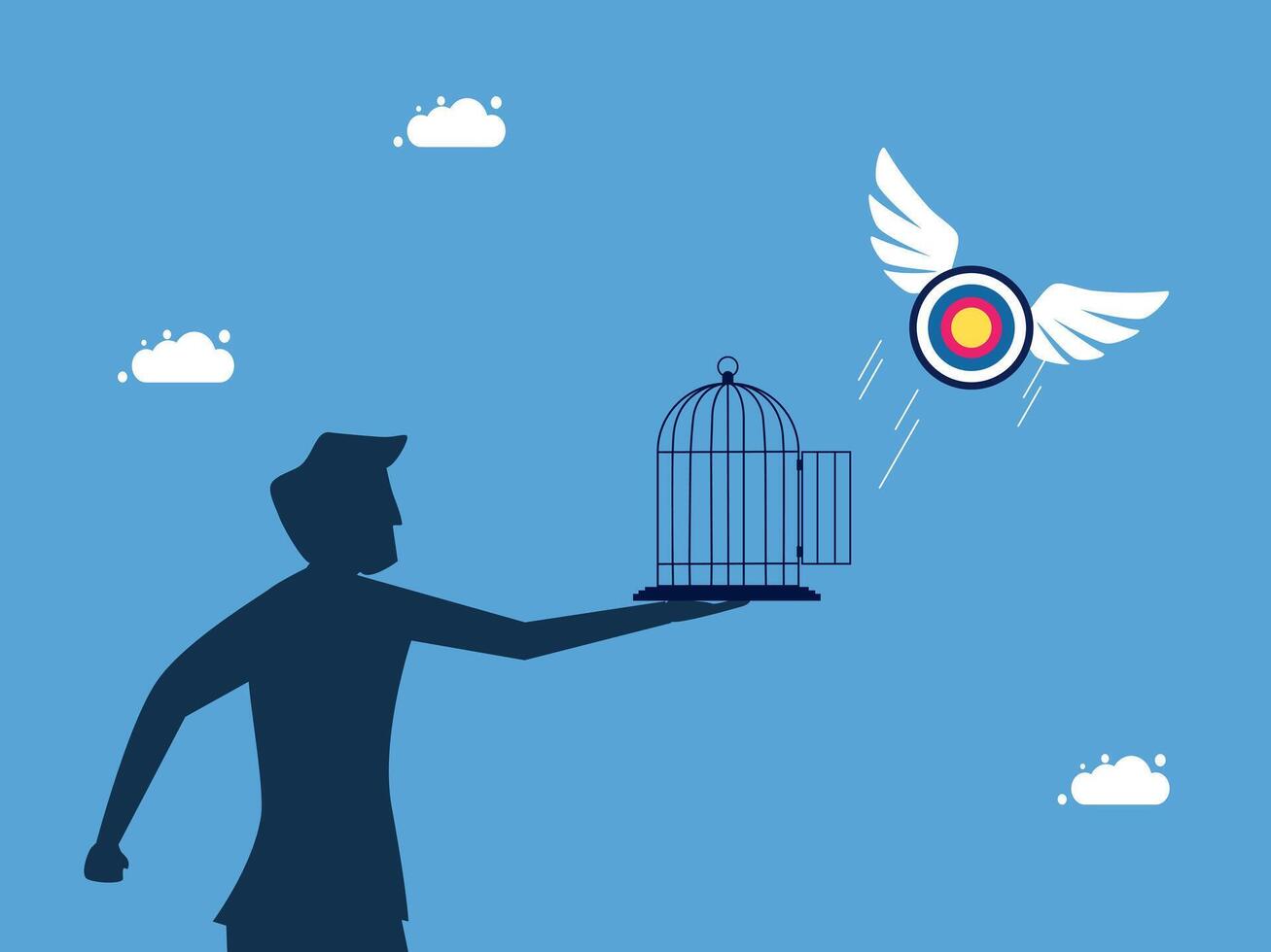 a man holding a bird cage with an arrow in it vector