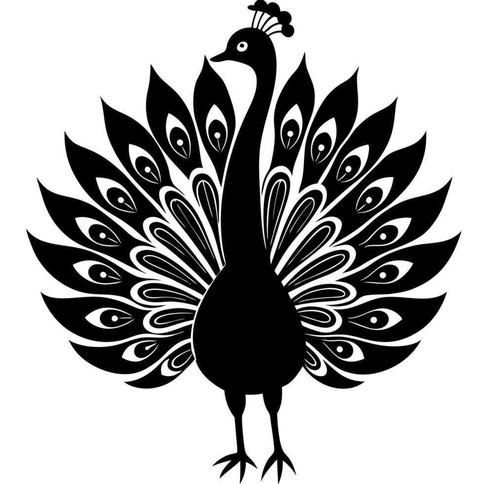 A black and white silhouette of a peacock vector