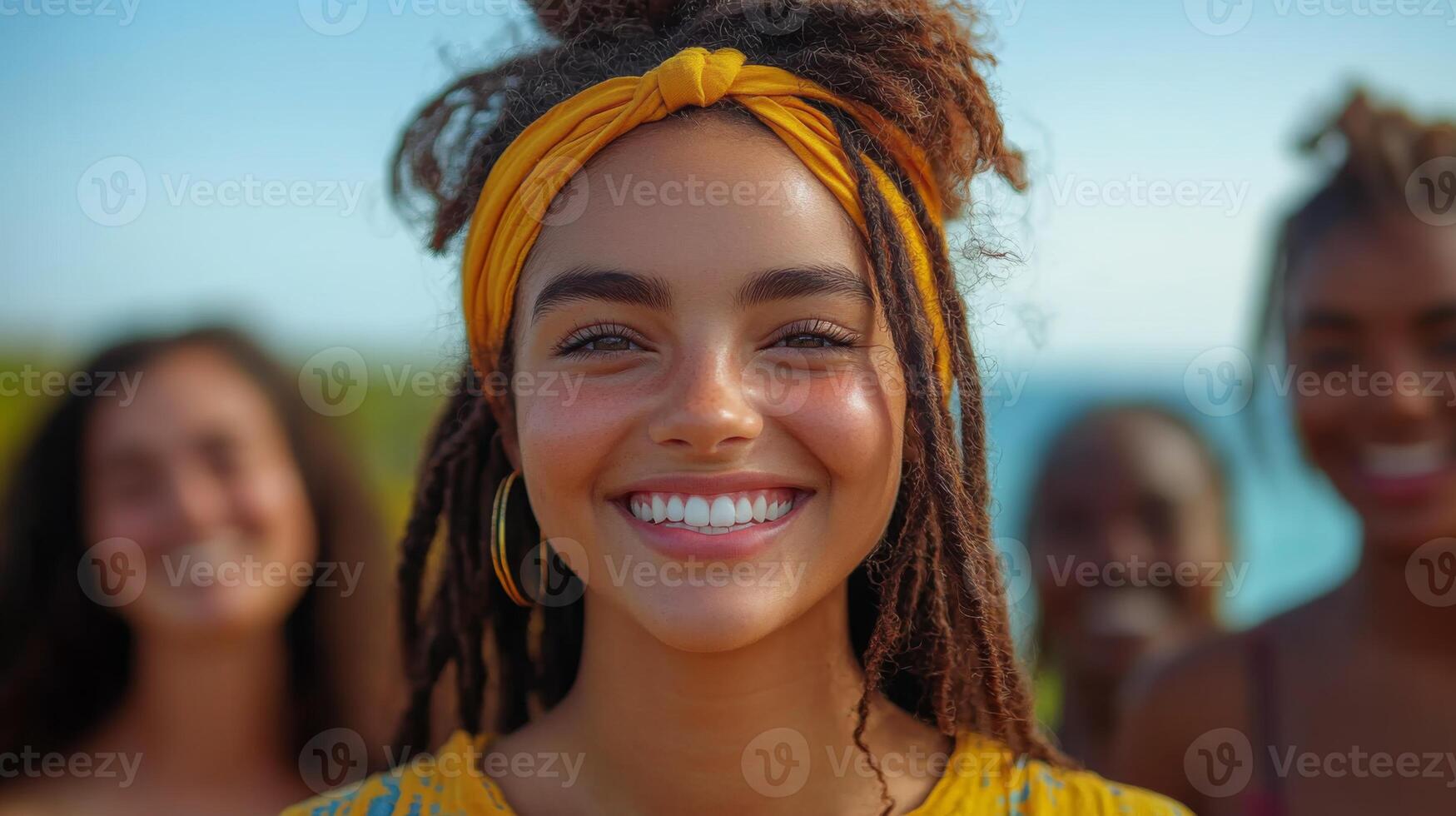 A young woman with dreadlocks smiles brightly while wearing a yellow headband. She stands in front of her friends at the beach, enjoying a sunny day filled with laughter and connection. photo