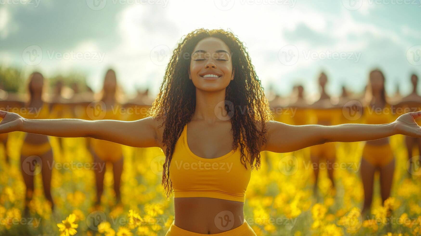 A joyful gathering takes place in a vibrant field filled with yellow flowers. A woman stands at the forefront, smiling widely with arms stretched out, inspiring others behind her. photo