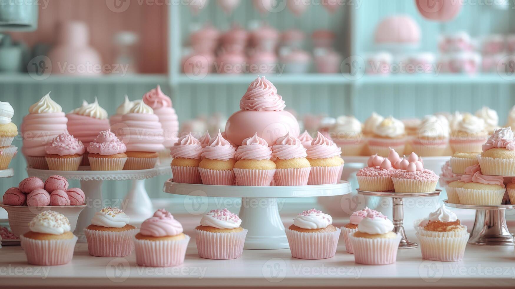 Various pink cupcakes and desserts are beautifully arranged on white stands in a pastel-colored bakery. The charming setup invites everyone to indulge in these delightful treats. photo