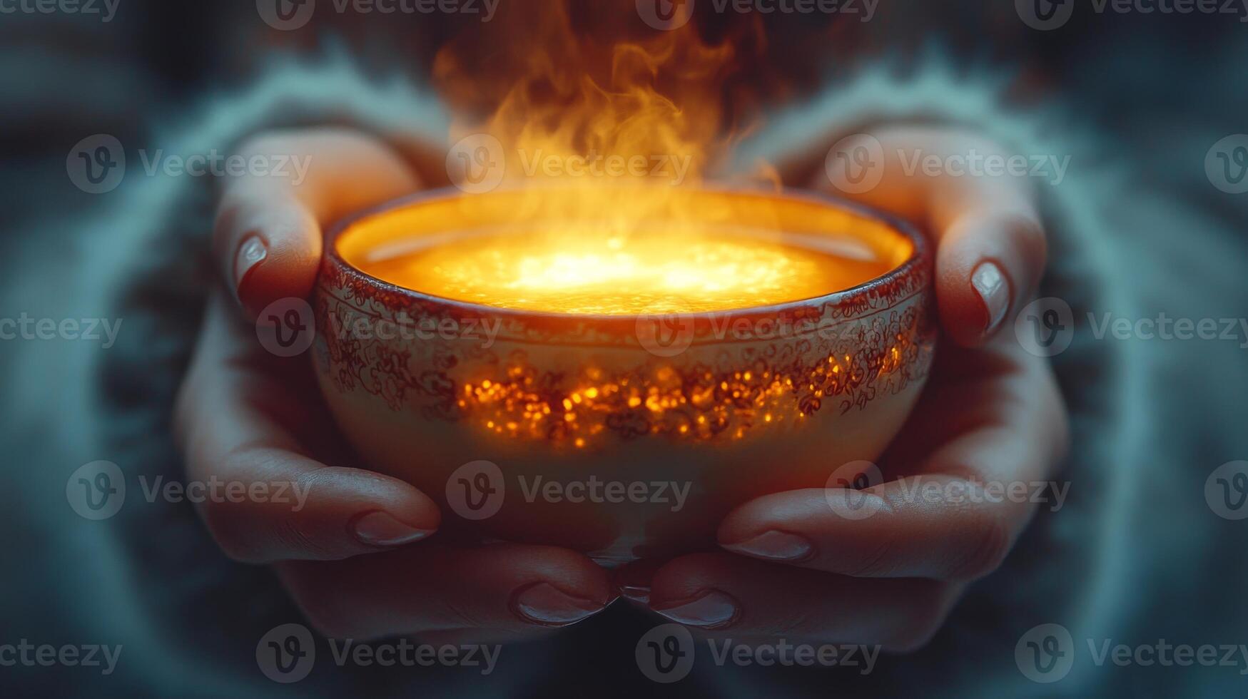 Warm light emitted from a bowl held between hands creates an enchanting atmosphere. The soft glow illuminates the surroundings, enhancing the calm, magical feeling of twilight. photo