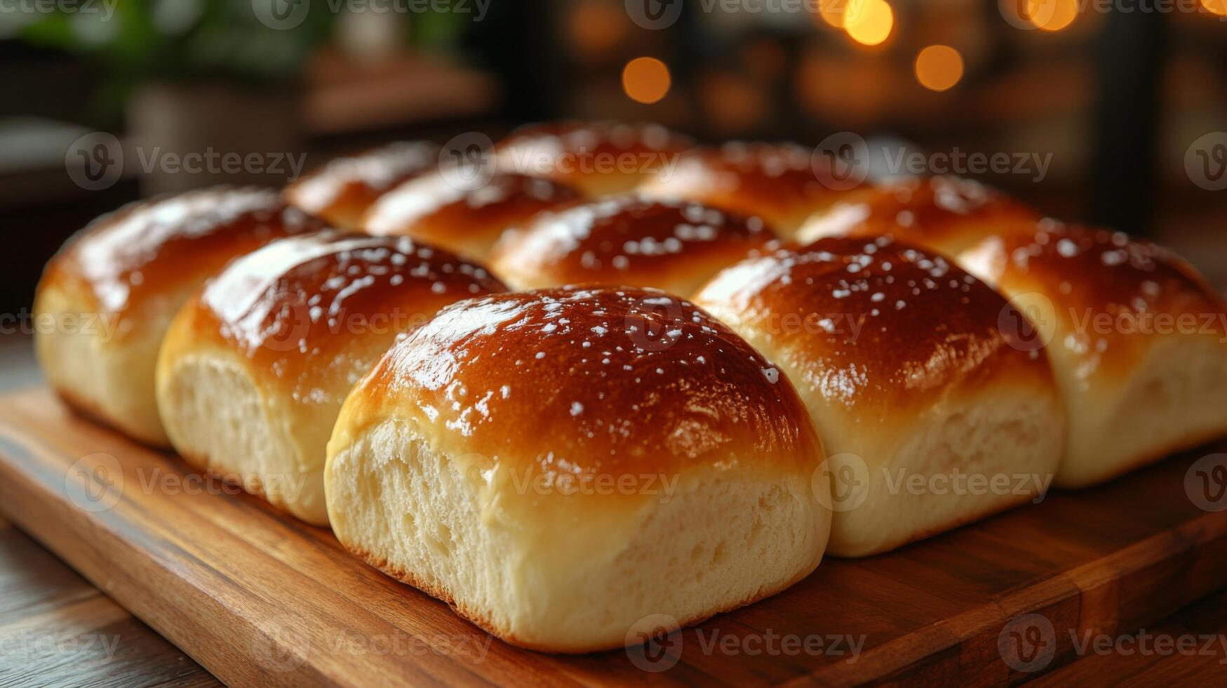 Soft, fluffy rolls are neatly placed on a wooden board, showcasing a glossy, golden-brown crust. The inviting kitchen background features soft lighting and a warm atmosphere. photo