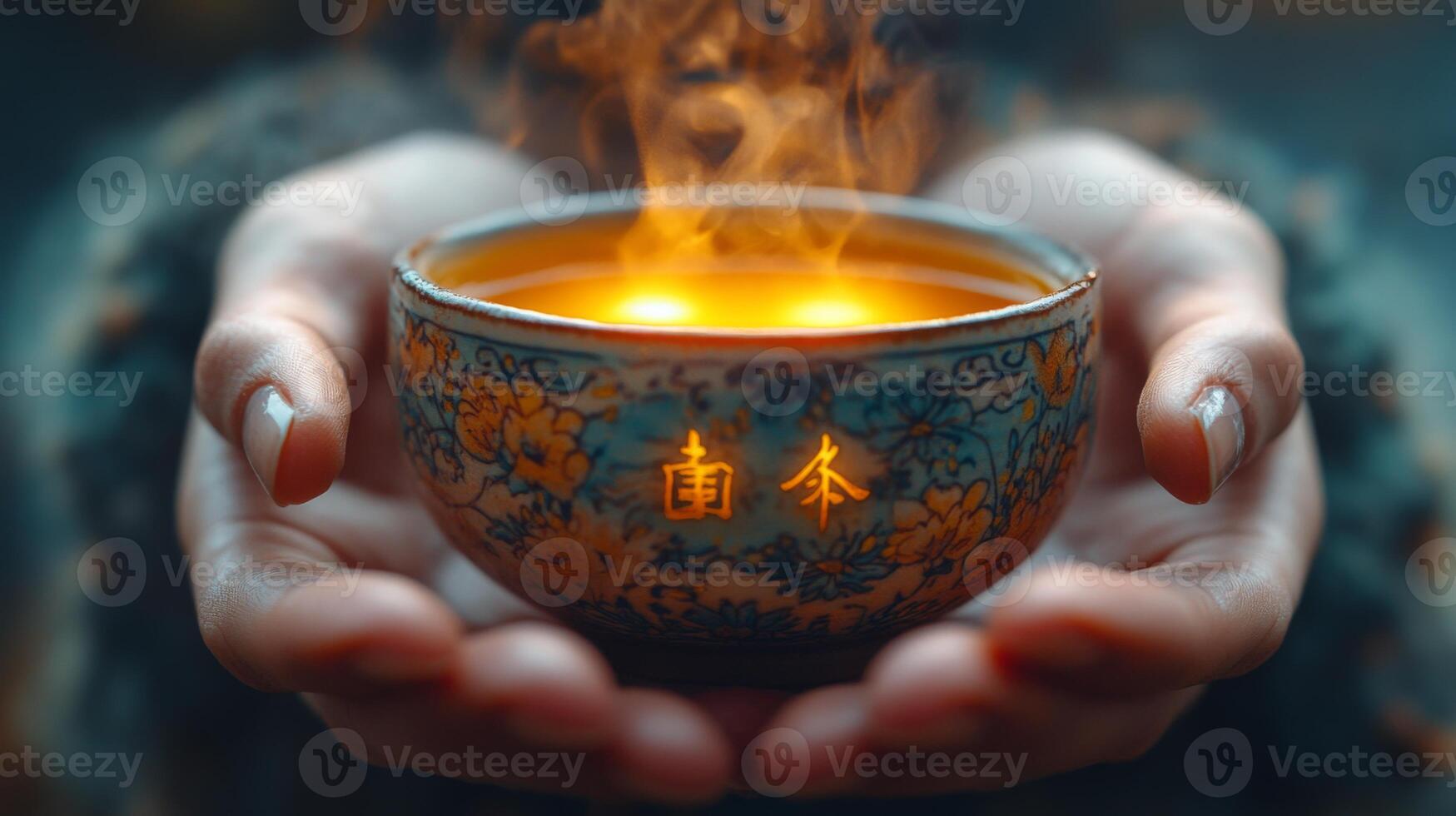 Delicate hands hold a beautifully crafted bowl with flickering flames and soft light, set against a dusky background. The warm glow enhances the mystique of the moment. photo