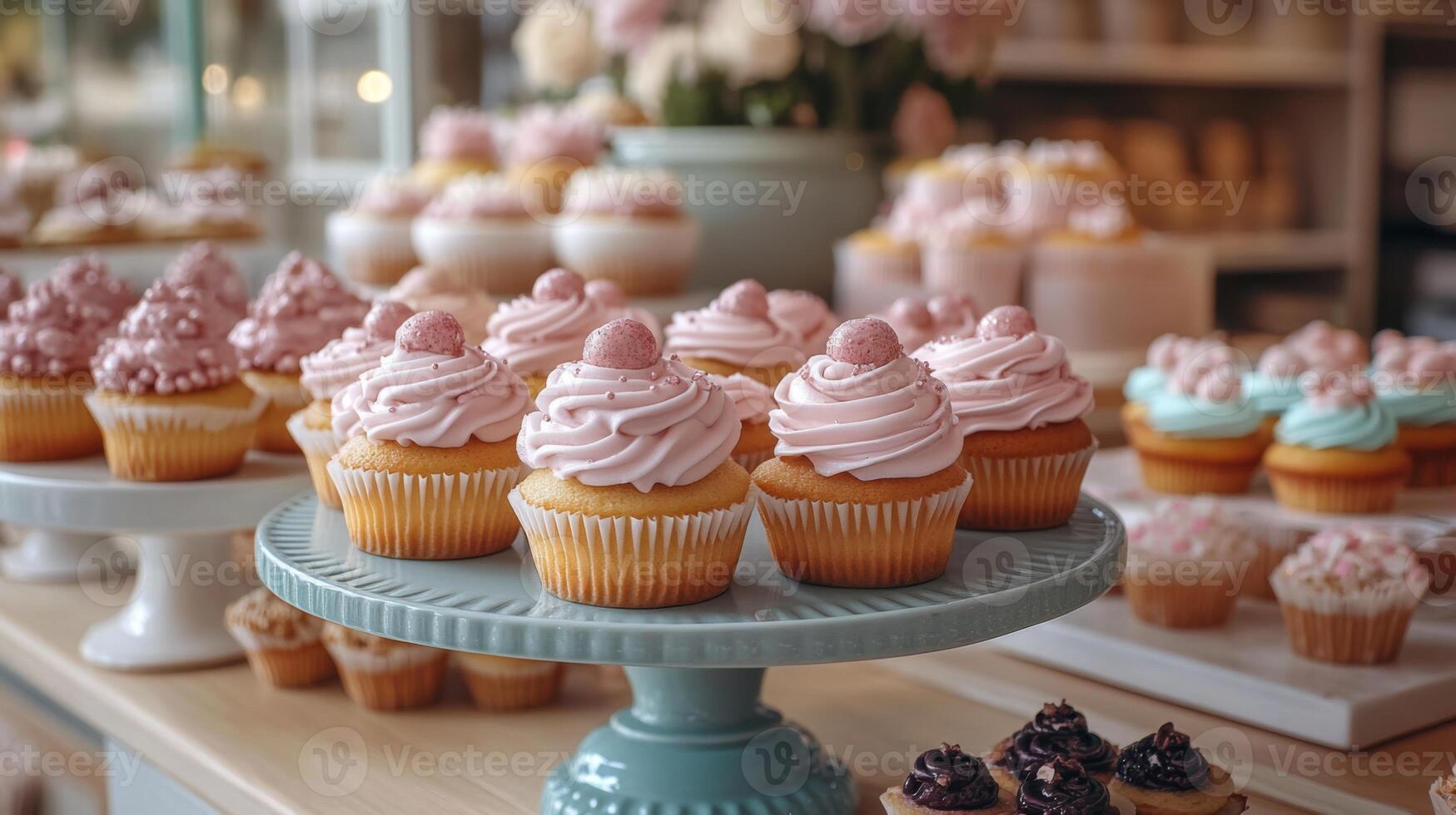 A variety of cupcakes with pastel colored frosting and decorative toppings are arranged on elegant stands in a cozy bakery. The inviting atmosphere showcases delicious treats on display. photo