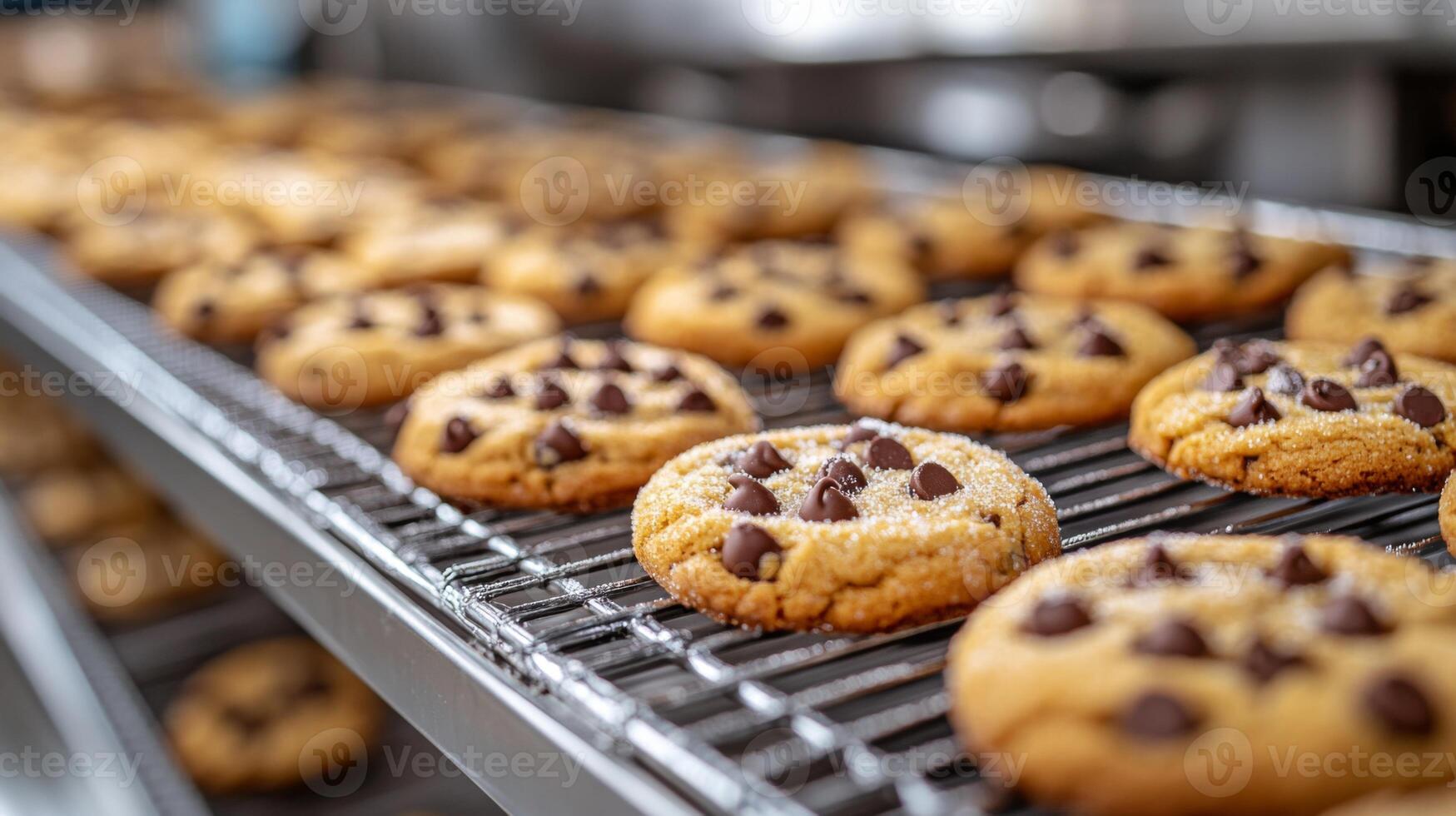 Rows of warm chocolate chip cookies are cooling on wire racks in a busy bakery kitchen. The delightful smell of baked goods fills the air, inviting everyone nearby. photo