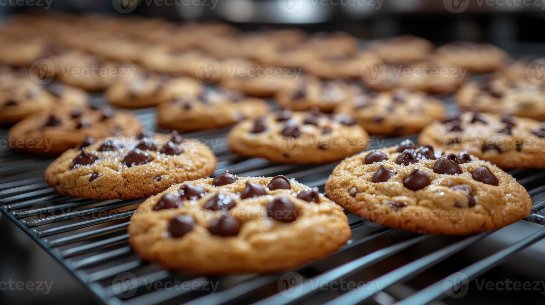 A batch of chocolate chip cookies rests on a wire cooling rack in a warm kitchen. The cookies are golden brown with melted chocolate chips, inviting and delicious. photo