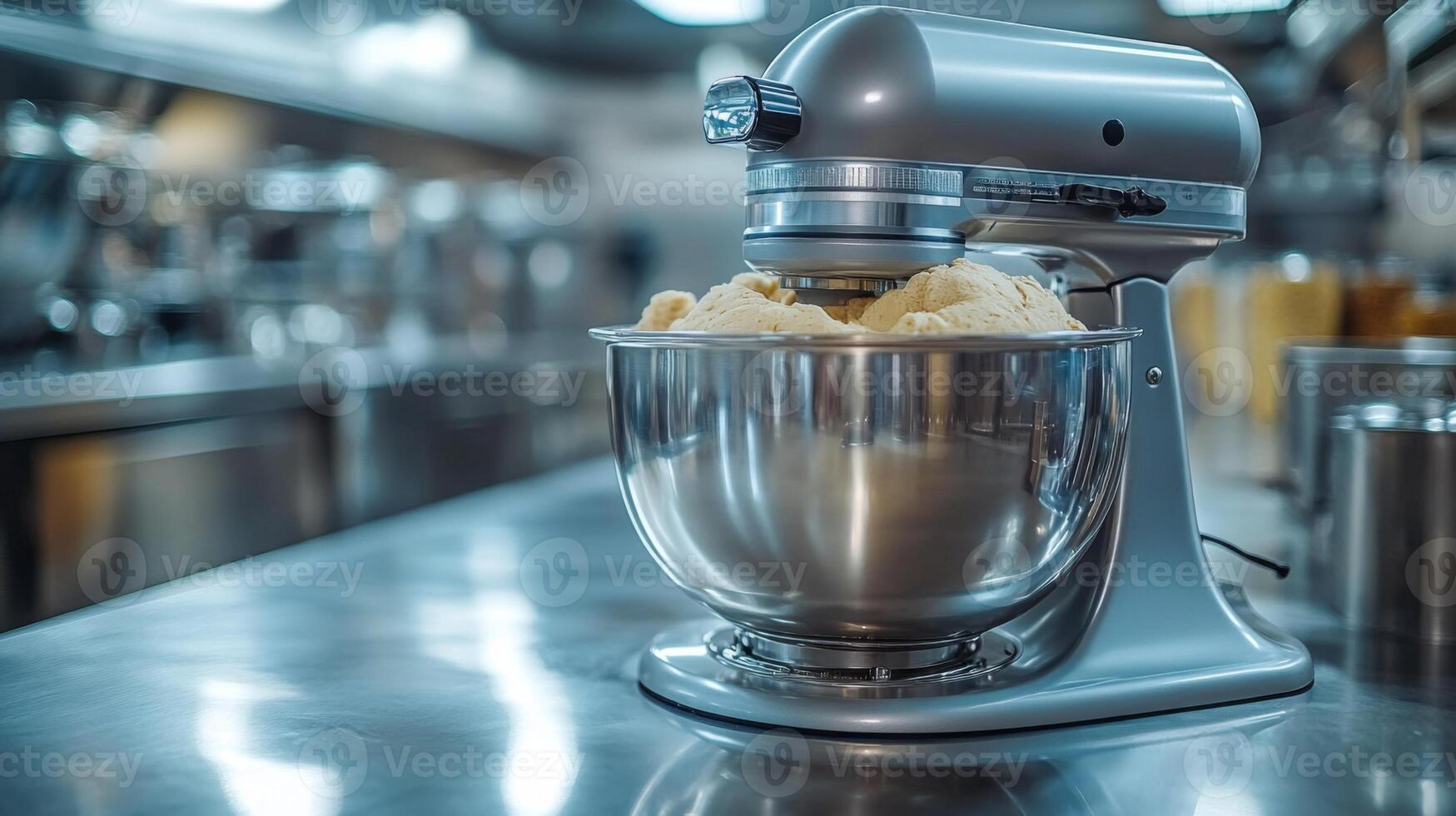 A modern kitchen mixer rests on a stainless steel counter, its bowl filled with dough, as chefs prepare meals in a bustling professional kitchen. The atmosphere is lively and focused. photo