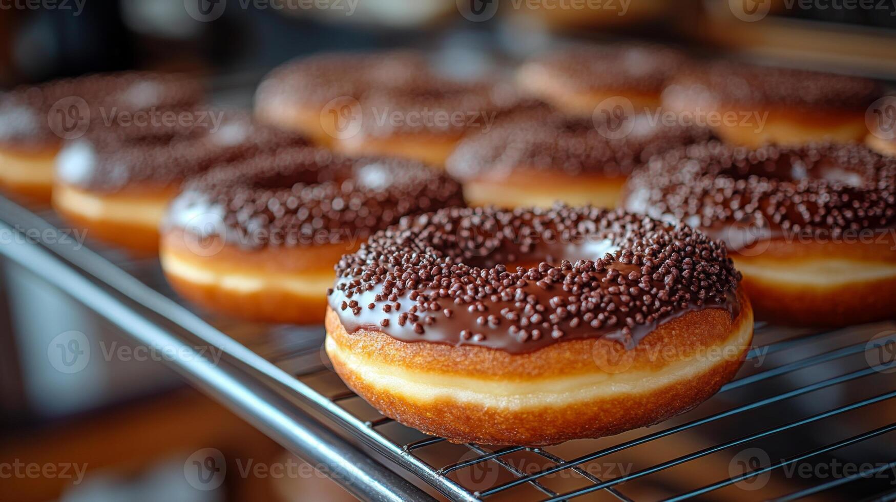 A batch of perfectly arranged chocolate glazed donuts with sprinkles cools on a wire rack in a busy bakery. The enticing display showcases their deliciousness, inviting customers. photo