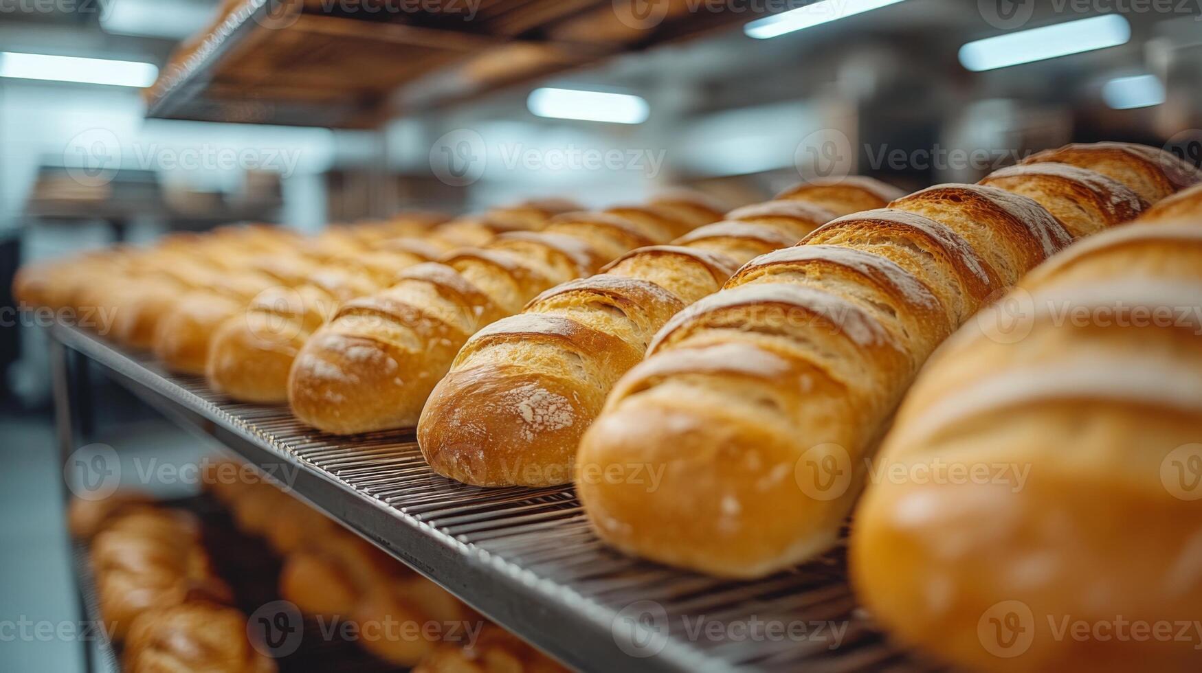Rows of golden-brown bread loaves rest on cooling racks in a bustling bakery. The warm atmosphere is filled with the delicious aroma of freshly baked goods. photo