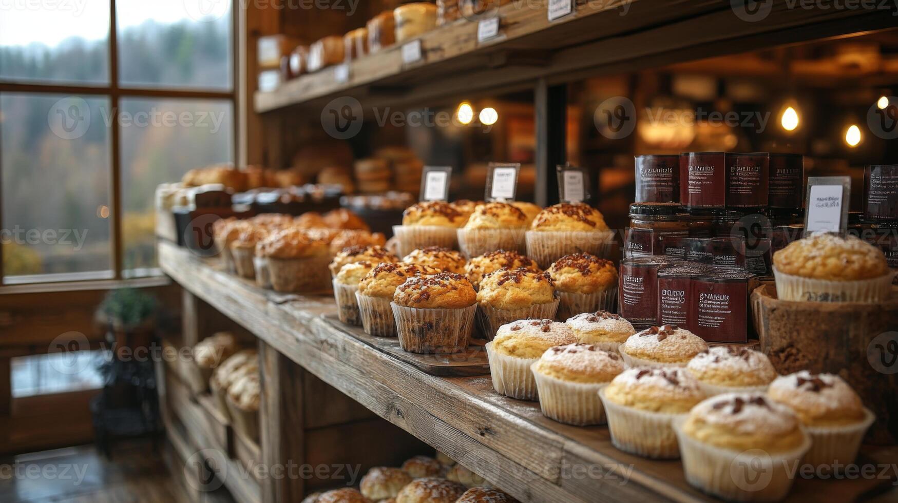 A cozy bakery showcases an array of freshly baked muffins and pastries on wooden shelves. The warm light creates an inviting atmosphere, perfect for visitors. photo