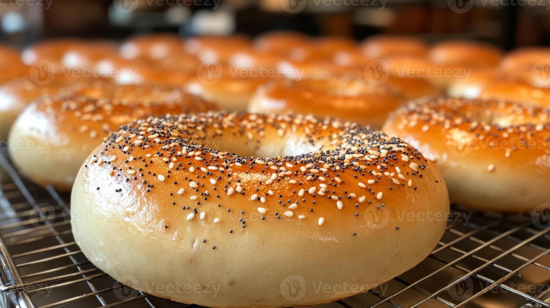 A tray of freshly baked bagels sits on a cooling rack in a busy bakery. The warm, golden bagels are topped with poppy and sesame seeds, inviting customers in the morning. photo