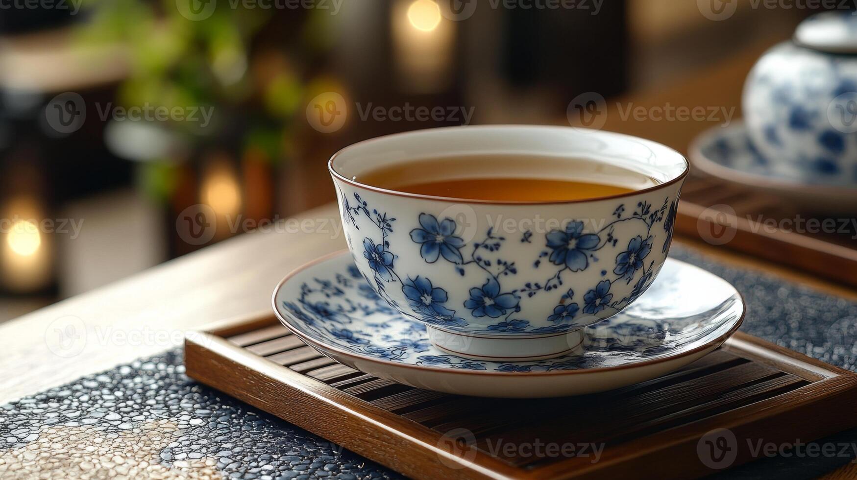 A delicate porcelain bowl filled with steaming herbal tea rests on a wooden tray, surrounded by warm, ambient lighting and a peaceful atmosphere perfect for relaxation. photo