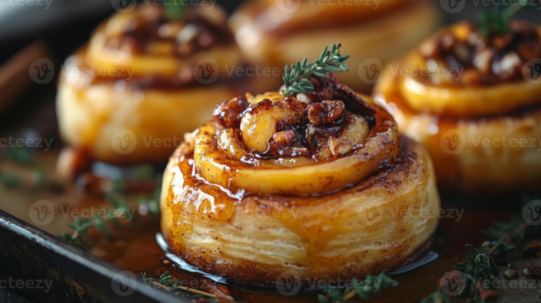 Warm pastries filled with spiced apples, topped with caramel and nuts sit on a baking tray in a cozy kitchen, evoking autumn's comforting flavors and aromas. photo