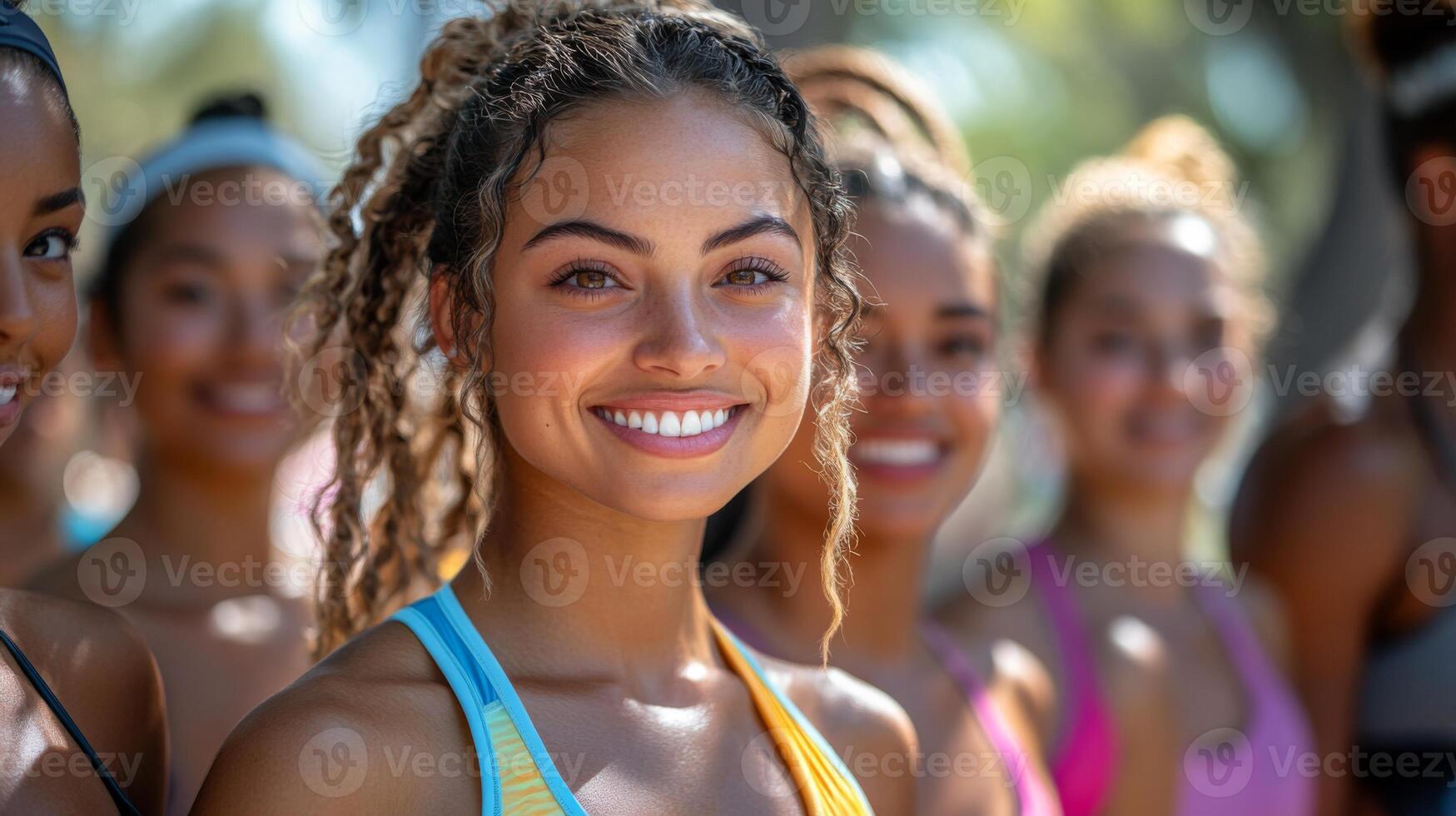 A joyful group of young athletes stands together outdoors, displaying enthusiasm and camaraderie. Each participant is dressed in colorful athletic gear, exuding energy and positivity. photo