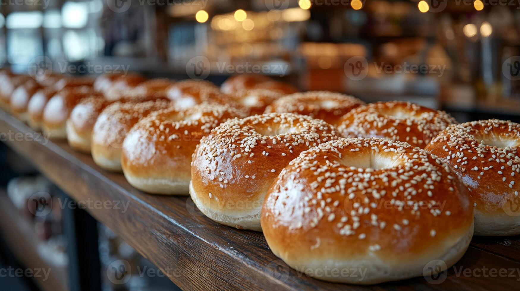 A long line of golden bagels with sesame seeds sits on a rustic wooden shelf. Warm lighting creates a welcoming atmosphere in a busy cafe setting. photo