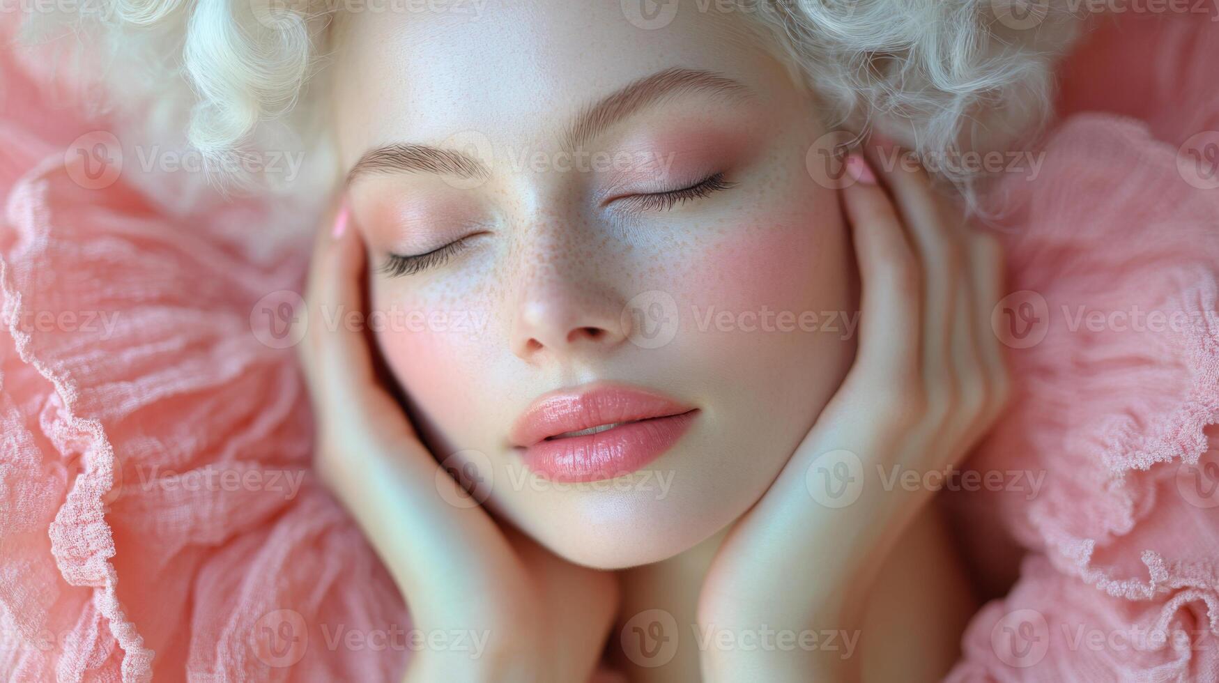 A young woman with curly blonde hair relaxes with her eyes closed, gently cradling her face in her hands, surrounded by soft pink fabric, creating a serene and dreamy atmosphere. photo