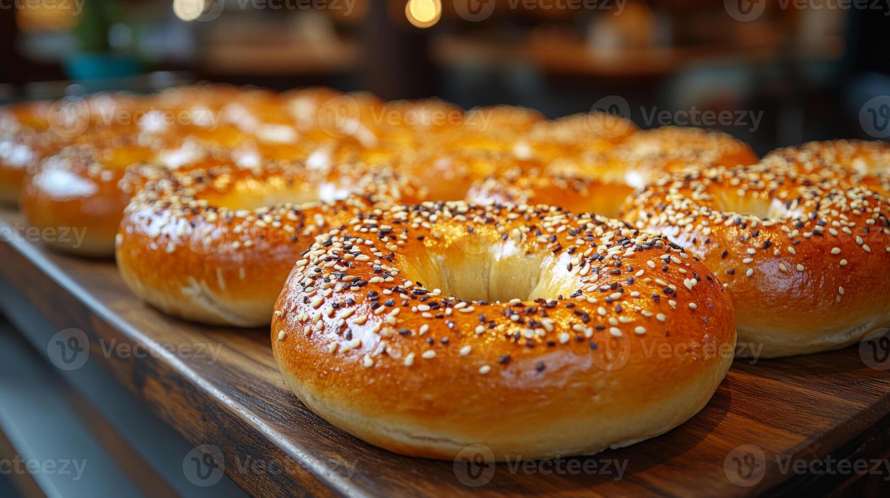 A tray filled with freshly baked bagels is showcased in a cozy bakery setting. The bagels have a shiny, golden-brown crust and are topped with sesame and poppy seeds. photo
