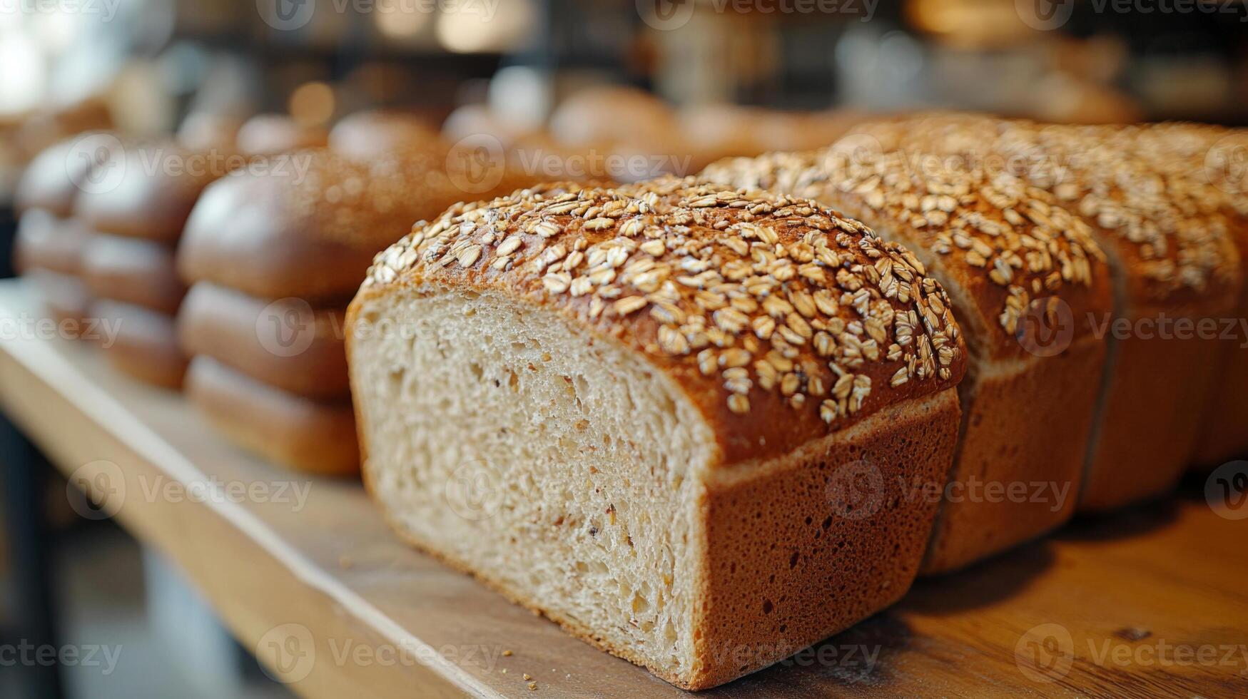 Whole grain bread loaves with golden crust and sprinkled oats are displayed on a wooden table in a warm, inviting bakery during the day. The aroma of fresh bread fills the air. photo