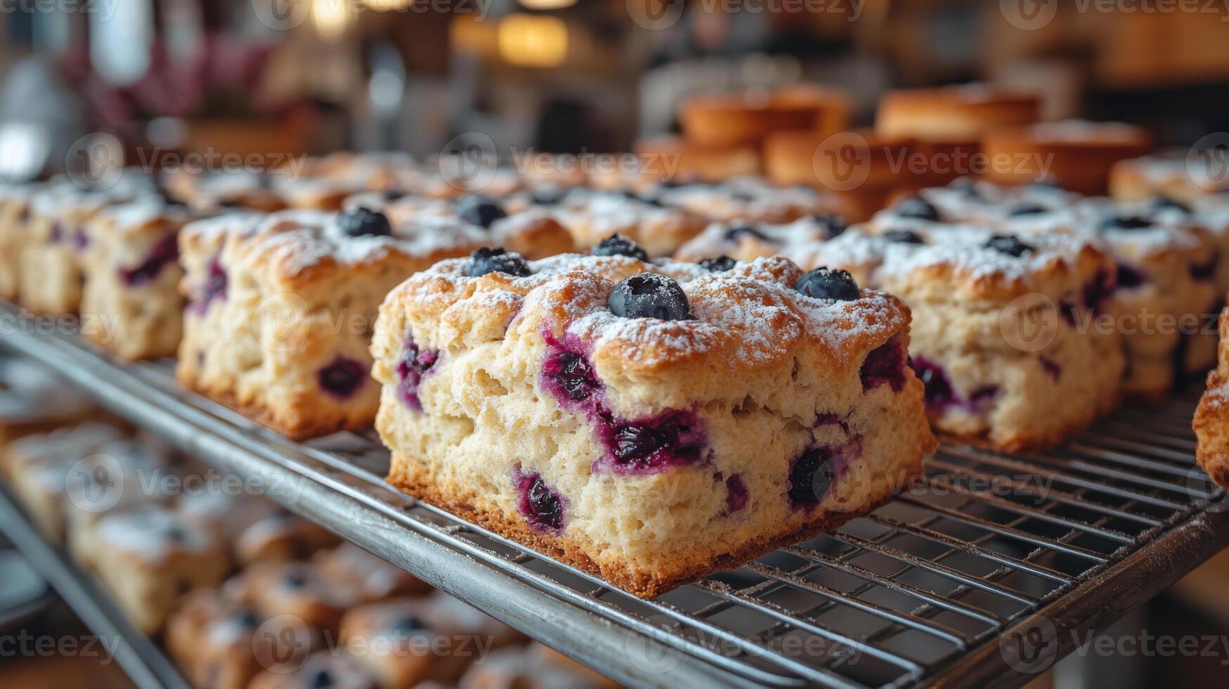 Blueberry scones with a dusting of powdered sugar sit on a wire rack in a bustling bakery. Delicious aromas fill the air, inviting customers to indulge. photo