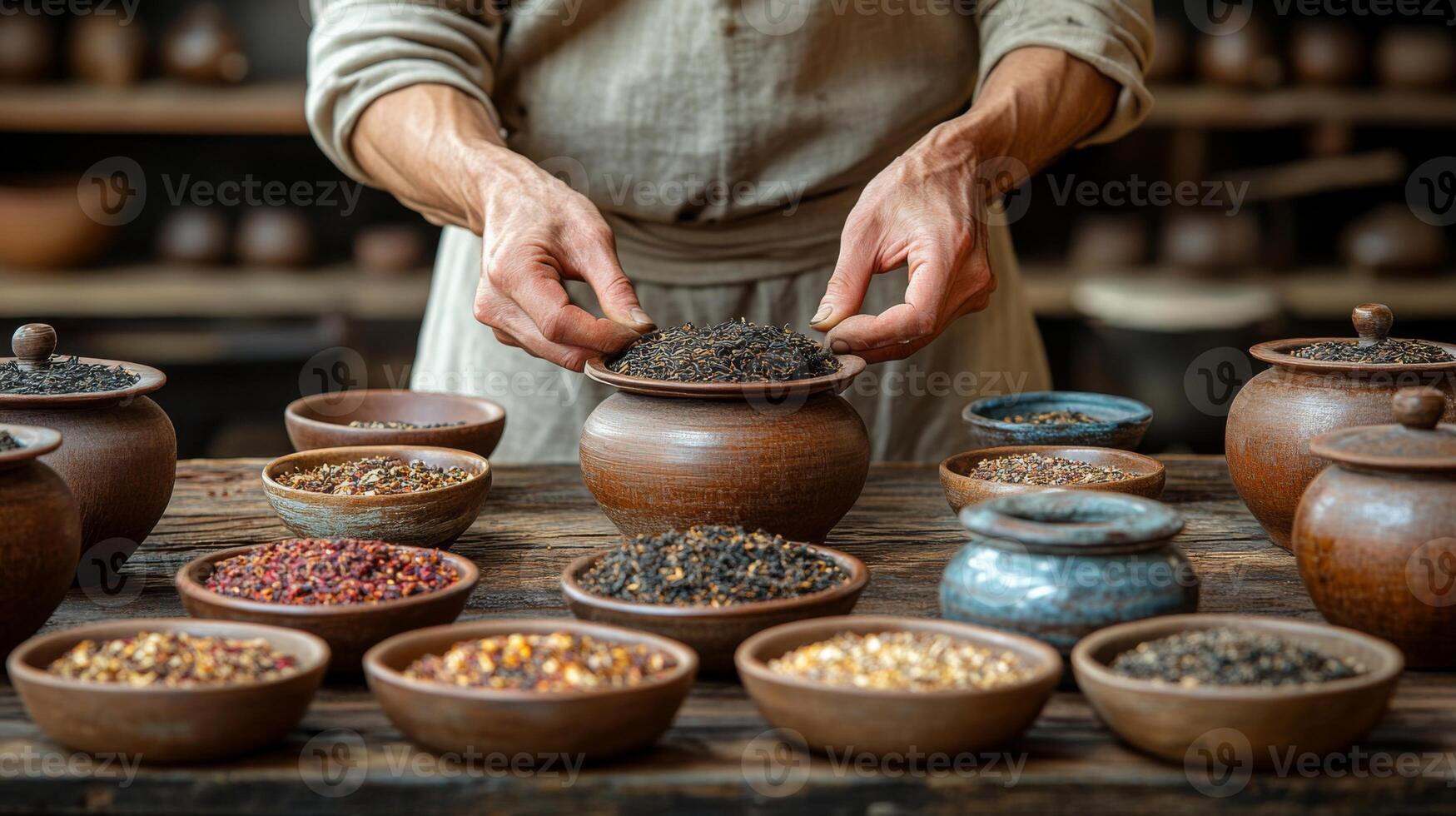 Hands of a skilled individual sort through various spice containers, showcasing a range of colors and textures in a warm, rustic workshop under soft afternoon light. photo
