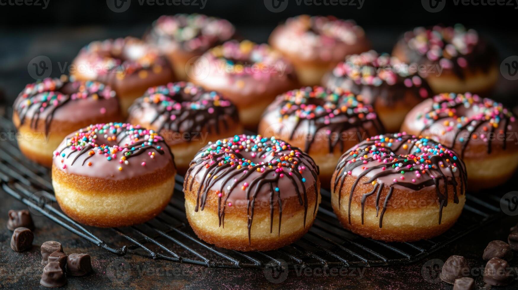 A variety of donuts topped with chocolate glaze and vibrant sprinkles are cooling on a rack. The setting evokes a warm bakery atmosphere, ideal for sweet treats. photo