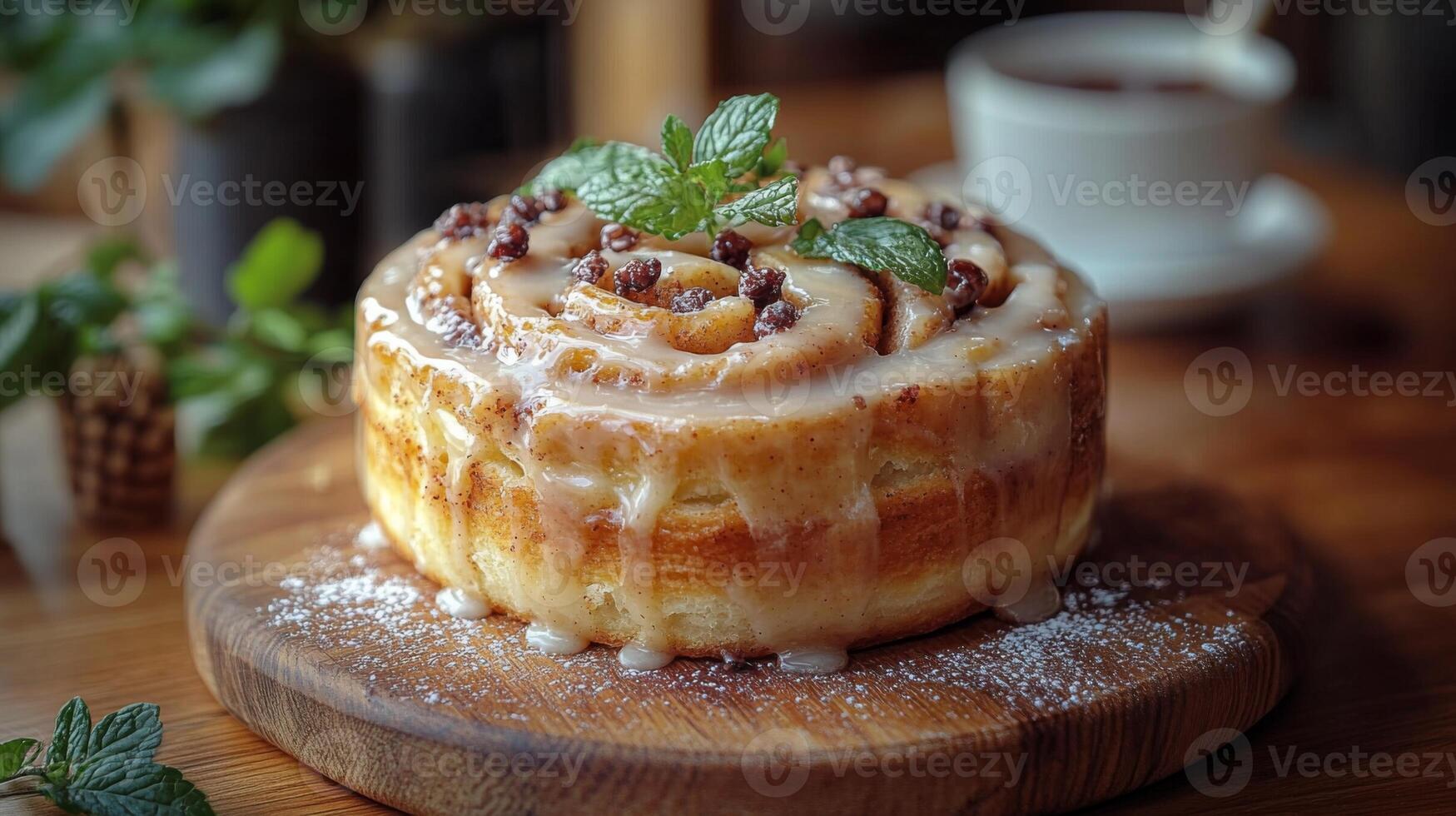 A freshly baked cinnamon roll is prominently displayed on a wooden board, drizzled with sweet icing and a sprig of mint. A cup of coffee sits nearby, creating a warm, inviting atmosphere. photo