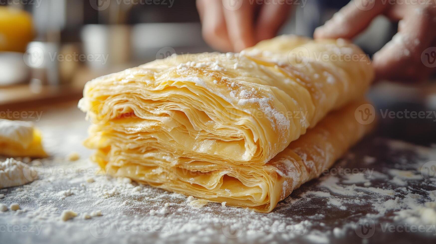 Hands roll fresh pastry dough in a well-lit kitchen. Layers of dough are visible, indicating careful preparation. Flour creates a soft, textured surface, enhancing the baking atmosphere. photo