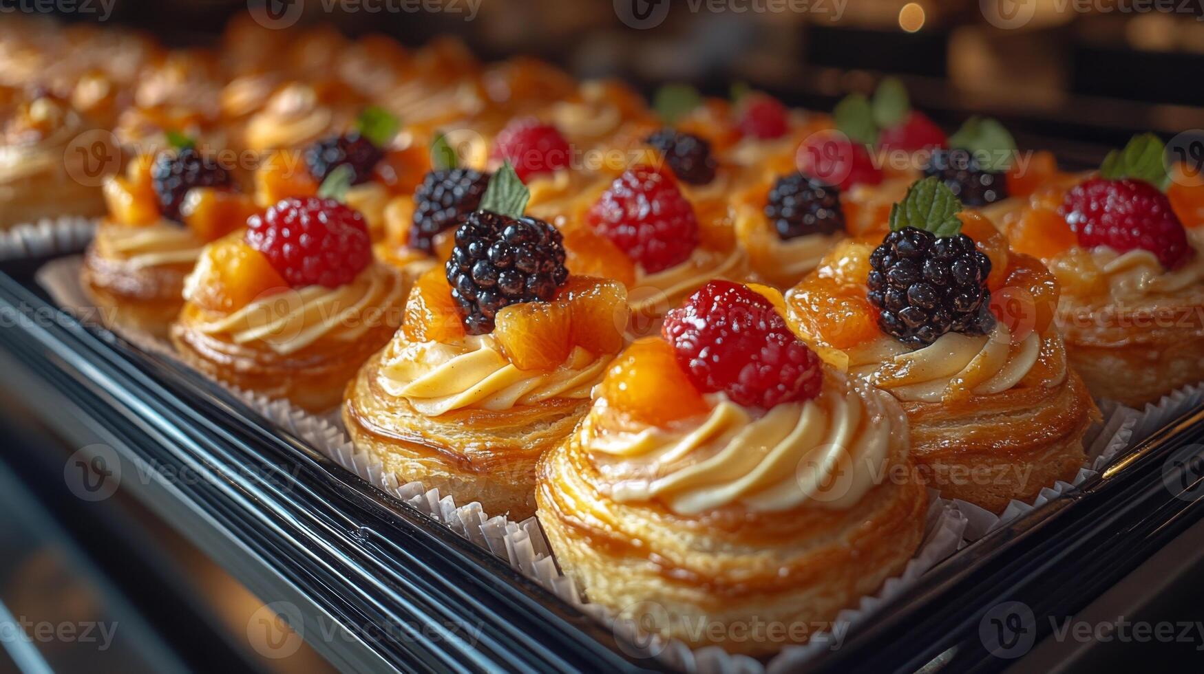 Colorful pastries with creamy icing and fresh fruit toppings are artfully arranged in a bakery display case, showcasing vibrant berries and tropical flavors. photo