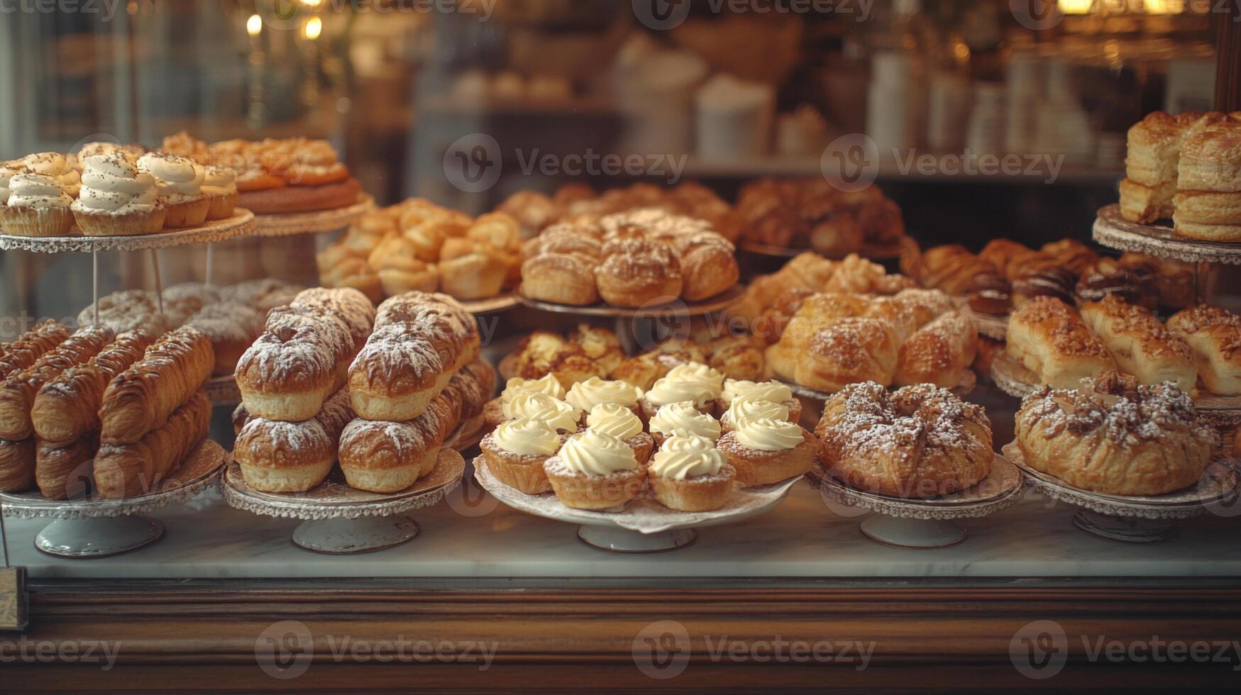 A variety of pastries, including croissants and cream-filled treats, are beautifully arranged in the window of a bakery. photo