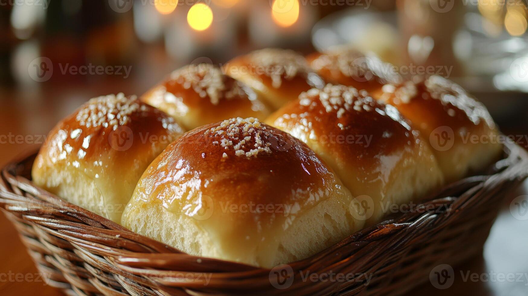 Fluffy bread rolls glisten with a golden sheen and are sprinkled with sesame seeds, presented in a rustic wicker basket during a cheerful gathering at dusk. photo